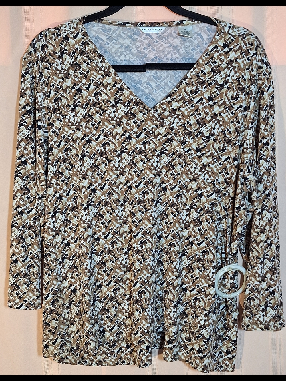 LAURA ASHLEY Beige, Brown and White Patterned V-Neck Tunic Top